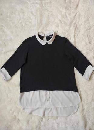 Черная белая блуза стрейч с имитацией рубашки белая рубашка с воротником рукавами реглан обманка