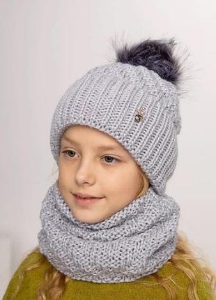 Шапка на флисе и хомут девочке 3-9 лет на холодную осень-весну и зиму 50/54