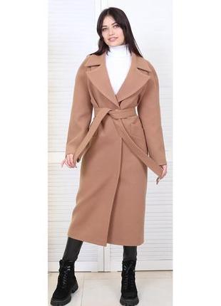 Пальто женское демисезонное с поясом и двумя карманами актуаль 057 кашемир кемел, 48