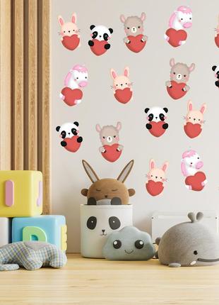 Набор наклеек на стену в детскую комнату «животные (панда, единорог, заяц, барашка) с сердцами» (17 штук)