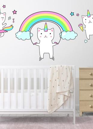 Набор наклеек на стену в детскую комнату "коты-единороги с радугой" (3 элемента)1 фото