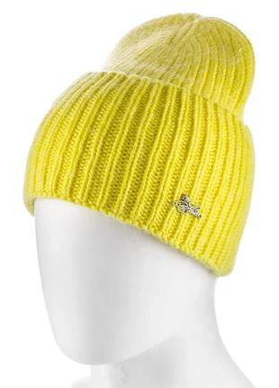 Ангоровая женская одинарная шапка бини рубчик на манжете atrics wh766 желтый