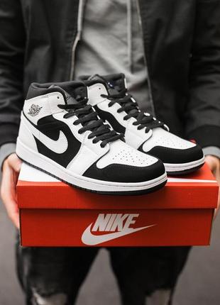 Мужские высокие кожаные кроссовки nike air jordan retro 1 “ black white ”#найк