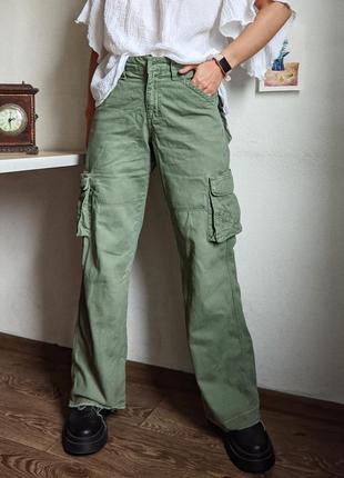 Брюки карго штаны хаки зеленые джинс s m карманы широкие хлопок3 фото
