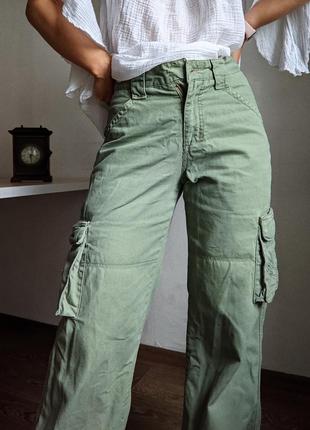 Брюки карго штаны хаки зеленые джинс s m карманы широкие хлопок