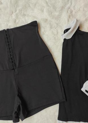 Чорні спортивні шорти з корсетом утяжка гачками стрейч короткі шорти висока талія8 фото