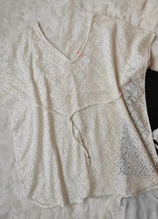 Белая пляжная накидка пляжное платье прозрачное ажурное оверсайз с поясом батал парео