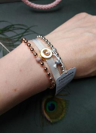 Браслет шарм-клипса набор браслеты пандора серебро 925 проба цирконий 598342cz розовое золото белая эмаль шарики сферы рефлекс рефлекшн фианит круглый