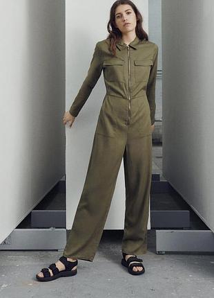 Шикарный хаки милитари комбинезон брюки палаццо дания