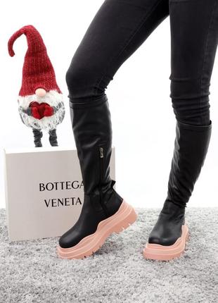 Bottega veneta black pink популярные высокие зимние сапоги натуральная кожа с мехом черные на розовой подошве кожа6 фото