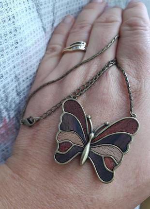 Вінтаж ланцюжок з підвіскою метелик ,дерево вставка3 фото