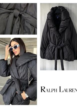 Объемная пуховая куртка пуховик ralph lauren на запах с поясом пух / перо