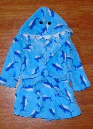 Голубой махровый халат с акулами,  86, 92, 12-18-24 мес.,1-1,5 года состояни нового
