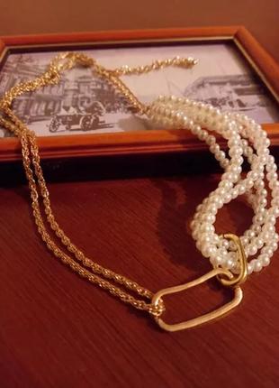 Цепочка цепь колье ожерелье чокер цепочки под золото кулон с иск.жемчугом7 фото