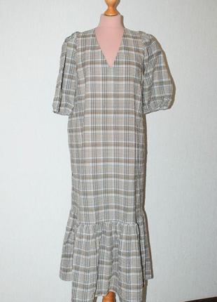 Платье с оборками длинное в клетку свободное с коротким рукавом клетка6 фото