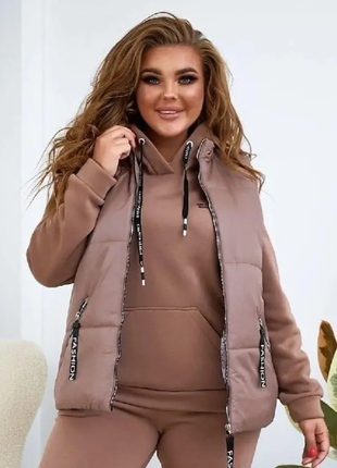 Жіночий костюм батал трійка тринитка на флісі (худі+штани+жилетка) 2plgu769-2114-2115lве