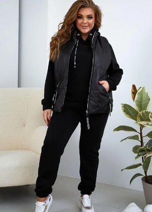 Жіночий костюм батал трійка тринитка на флісі (худі+штани+жилетка) 2plgu769-2114-2115lве