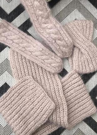Нежный мохеровый набор перчатки мохер шарфик шерсть повязка чалма ручная работа бежевые митенки1 фото