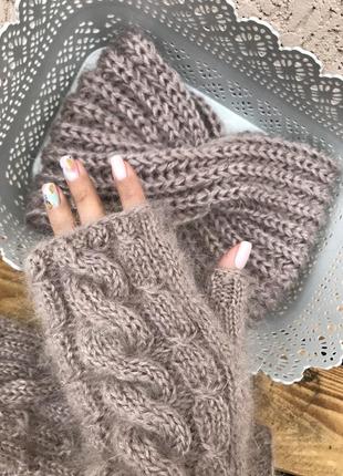 Нежный мохеровый набор перчатки мохер шарфик шерсть повязка чалма ручная работа бежевые митенки7 фото