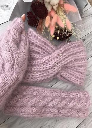 Нежный мохеровый набор перчатки мохер шарфик шерсть повязка чалма ручная работа бежевые митенки6 фото