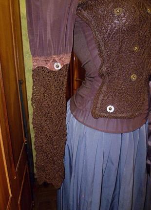Ажурна кофтинка блузка з відкритими плечима шоколадна довгий рукав2 фото