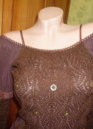 Ажурна кофтинка блузка з відкритими плечима шоколадна довгий рукав3 фото