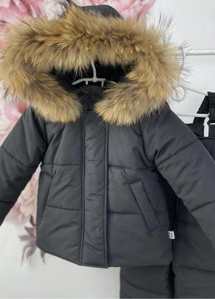 Чорний зимовий костюм штани та куртка натуральна опушка єнота
