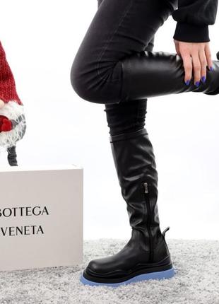 Bottega veneta black blue популярные высокие зимние массивные сапоги ботинки черные голубая подошва натуральная кожа с мехом6 фото