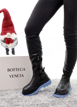 Bottega veneta black blue популярные высокие зимние массивные сапоги ботинки черные голубая подошва натуральная кожа с мехом8 фото