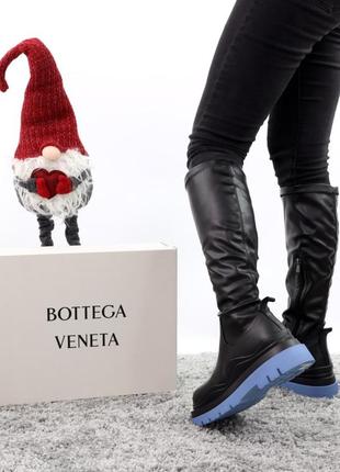 Bottega veneta black blue популярные высокие зимние массивные сапоги ботинки черные голубая подошва натуральная кожа с мехом7 фото