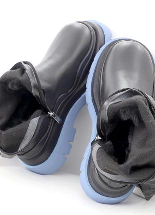 Bottega veneta black blue популярные высокие зимние массивные сапоги ботинки черные голубая подошва натуральная кожа с мехом3 фото