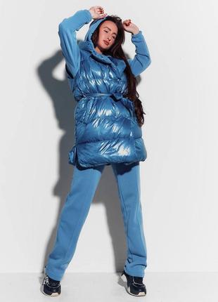 Есть видео!! костюм тройка спортивный прогулочный жилетка длинная худи с капюшоном на молнии топ на флисе зима осень штаны палаццо синий джинс10 фото