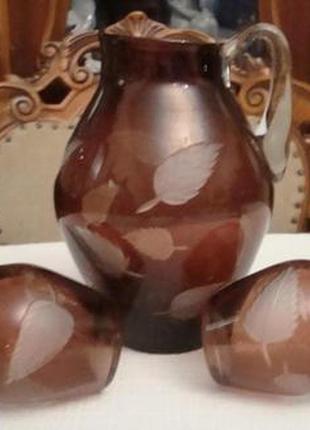 Глечик склянки набір різьблення кольорове скло срср 1950 років №598