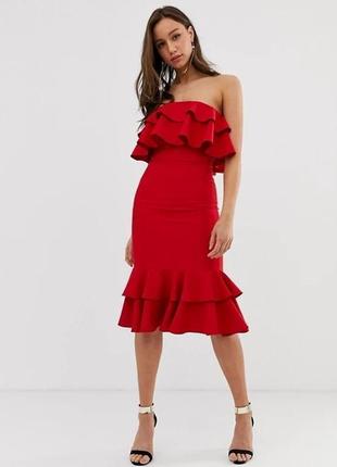 Chi chi london сукня платье червоне алое з воланом з відкритими плечима по фігурі
