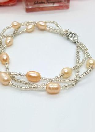 ✨🌊 ошатний браслет з натуральними персиковими перлами та бісером жемчуг5 фото