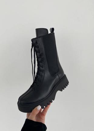 Стильные ботинки челси на резинке и шнуровке женские кожаные черные зимние кожа мех(зима 2022-2023)8 фото