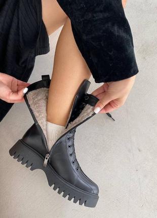 Стильные ботинки челси на резинке и шнуровке женские кожаные черные зимние кожа мех(зима 2022-2023)6 фото