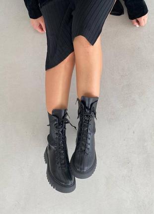 Стильные ботинки челси на резинке и шнуровке женские кожаные черные зимние кожа мех(зима 2022-2023)7 фото