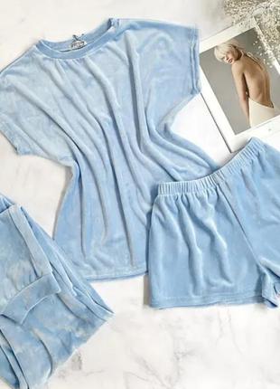 Жіноча плюшева піжама трійка футболка, штани, шорти. комплект для дому плюш, зручний домашній костюм