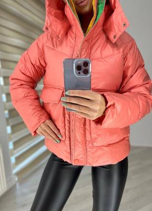 Куртка объемная женская люкс зима холлофайбер оранжевая розовая