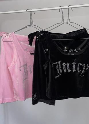 Костюм юбка топ велюровий чорний рожевий джусі кутюр зі стразами juicy couture