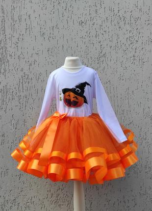 Кастюм на хелоуин оранжевая юбка футболка с тыквой6 фото