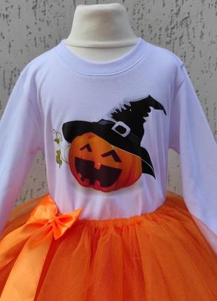 Кастюм на хелоуин оранжевая юбка футболка с тыквой2 фото