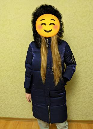 Куртка / пальто подовжене зима синього кольору1 фото