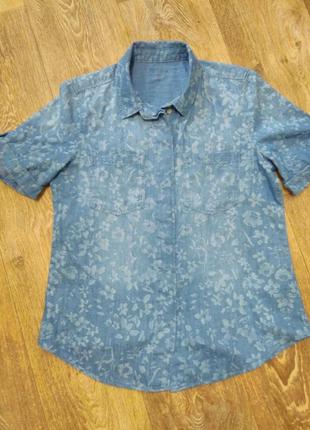 Джинсовая рубашка/деним/с коротким рукавом, цветочным принтом/denim/хлопок