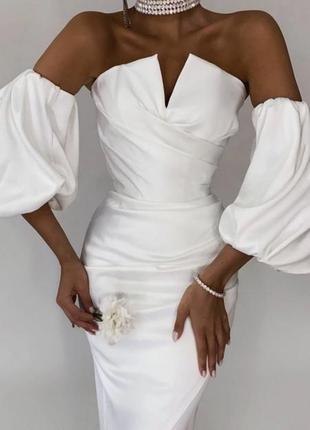 ‼️🆘 белое нарядное корсетное платье миди атлас с рукавом фонарик