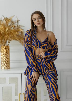 Піжамний костюм трійка рубашка, штани, топ.