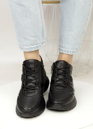 Стильные кроссовки,спортивные ботинки женские кожаные черные зимние кожа мех (зима 2022-2023)3 фото