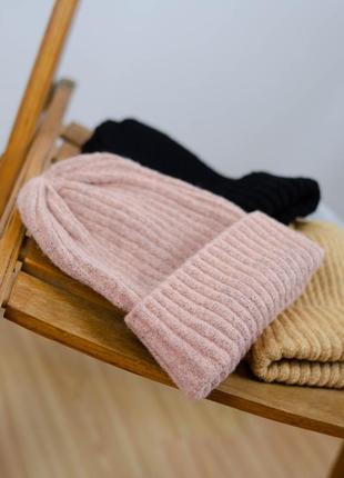 Нова тепла зимова, осіння шапка - біні з відворотом рожевого кольору з домішкою вовни5 фото