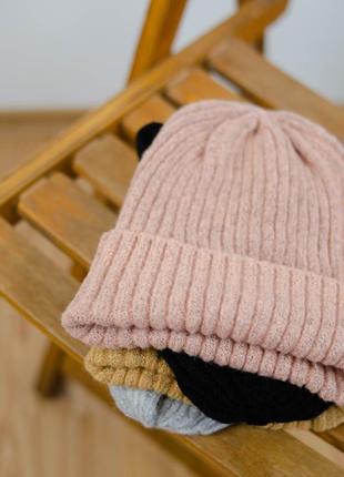 Нова тепла зимова, осіння шапка - біні з відворотом рожевого кольору з домішкою вовни4 фото